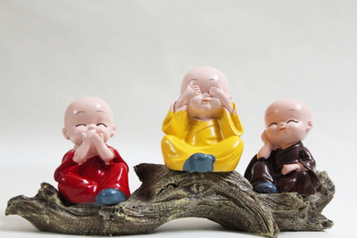 GiftnGlory Handcrafted Set of 3 Little Monks Sitting on Tree Branch Sculpture Decorative Showpiece  -  15 cm(Polyresin, Multicolor)