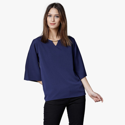 Tokyo Talkies Casual Regular Sleeve Solid Women Dark Blue Top