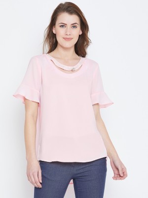 Camey Casual Bell Sleeve Solid Women Pink Top