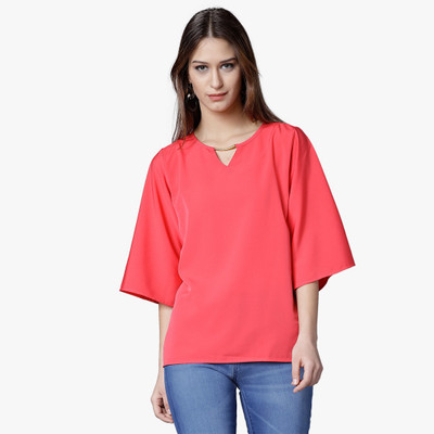 Tokyo Talkies Casual 3/4 Sleeve Solid Women Pink Top
