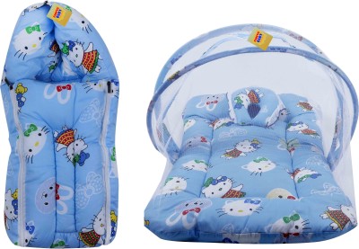 Fareto New Born Baby Cat Print Mattress with Mosquito Net & Sleeping Bag Combo (0-6 Months) Baby Bed Printed Blue(Fabric, Blue)