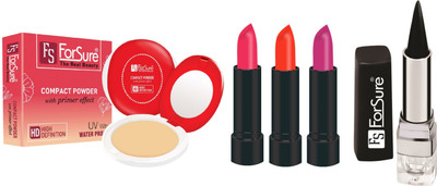 

ForSure Compact Powder with Primer Effect, Kajal and Pack of 3 Forfor Matte Lipstick (Colour - Light Pink, Orange, Pink)(Set of 5)