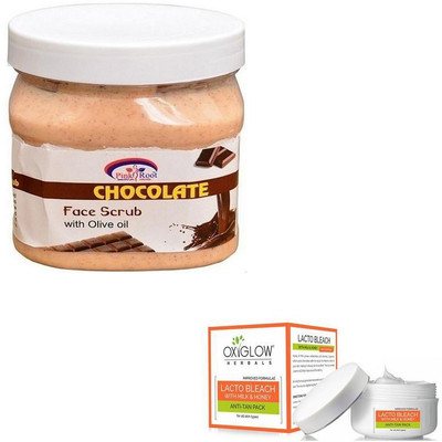 

Pink Root CHOCOLATE SCRUB 500GM WITH OXYGLOW LACTO BLEACH 50GM(Set of 2)