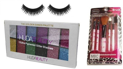 

aerwin Make Up Brush Set Of 5 And Huda Beauty Glitter Sand Eye Shadow And High Quality Eyelash(Set of 4)