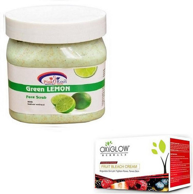 

Pink Root GREEN LEMON SCRUB 500GM WITH OXYGLOW FRUIT BLEACH 50GM(Set of 2)