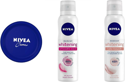 

Nivea Creme (100 ML) , Whitening smooth skin deo (150 ML) & Whitening talc touch deo (150 ML)(Set of 2)