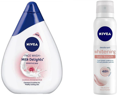 

Nivea Milk Delights Caring Rosewater For Sensitive Skin Facewash (100 ml) & Whitening Talc Touch Deodorant Spray For Women (150 ml)(Set of 2)
