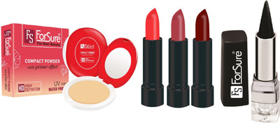 

ForSure Compact Powder with Primer Effect, Kajal and Pack of 3 Forfor Matte Lipstick (Colour - Orange, Copper, Maroon)(Set of 5)