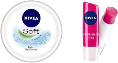 

Nivea Soft light Moisturizer (300 ML) & Shine Caring Lip Balm Watermelon(Set of 2)