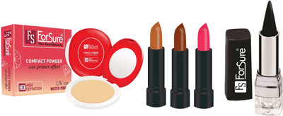 

ForSure Compact Powder with Primer Effect, Kajal and Pack of 3 Forfor Matte Lipstick (Colour - Light Pink, Cream Brown, Chocolate Brown)(Set of 5)