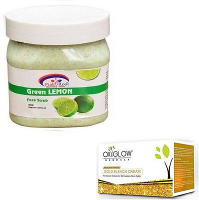 

Pink Root GREEN LEMON SCRUB 500GM WITH OXYGLOW GOLD BLEACH 50GM(Set of 2)