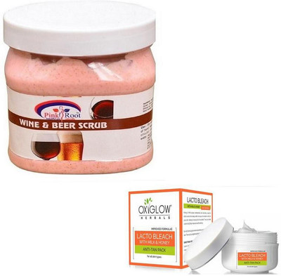 

Pink Root WINE & BEER SCRUB 500GM WITH OXYGLOW LACTO BLEACH 50GM(Set of 2)