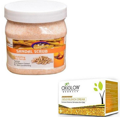 

Pink Root SANDAL SCRUB 500GM WITH OXYGLOW GOLD BLEACH 50GM(Set of 2)