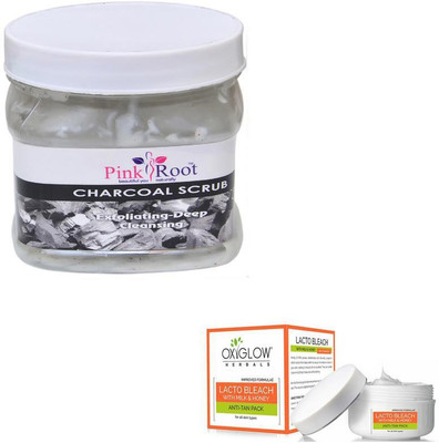

Pink Root CHARCOAL SCRUB 500GM WITH OXYGLOW LACTO BLEACH 50GM(Set of 2)