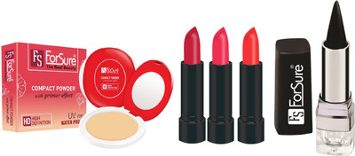 

ForSure Compact Powder with Primer Effect, Kajal and Pack of 3 Forfor Matte Lipstick (Colour - Orange, Red, Pink)(Set of 5)