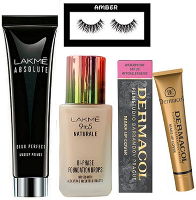 

Amber Eyelashes, Lakme 9to5 naturale foundation, absolute blur perfect primer, Dermacol make up cover foundation(Set of 4)