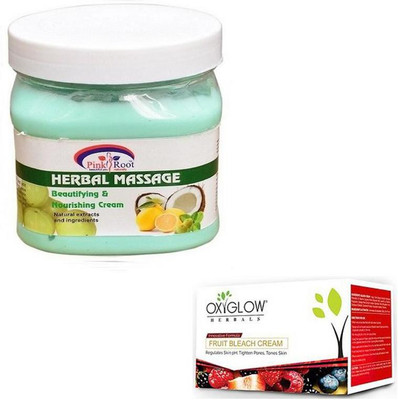 

Pink Root HERBAL MASSAGE CREAM 500GM WITH OXYGLOW FRUIT BLEACH 50GM(Set of 2)