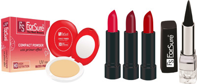 

ForSure Compact Powder with Primer Effect, Kajal and Pack of 3 Forfor Matte Lipstick (Colour - Dark Pink, Mahroon, Red)(Set of 5)