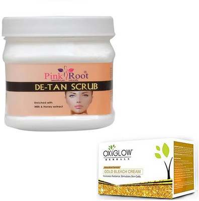 

Pink Root DE-TAN SCRUB 500GM WITH OXYGLOW GOLD BLEACH 50GM(Set of 2)
