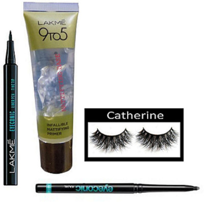 

Catherine Eyelashes, Lakme Eyeconic Pen Eyeliner, Kajal, 9to5 Infallible Mattifying Base Primer(Set of 4)