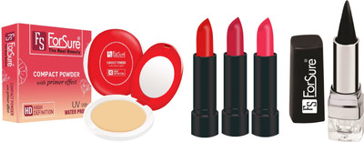 

ForSure Compact Powder with Primer Effect, Kajal and Pack of 3 Forfor Matte Lipstick (Colour - Beige, Red, Baby ink)(Set of 5)