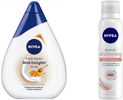 

Nivea Milk Delights Fine Moisturizing Honey For dry Skin Facewash (100 ml) & Whitening Talc Touch Deodorant Spray For Women (150 ml)(Set of 2)
