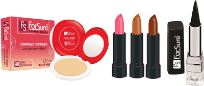 

ForSure Compact Powder with Primer Effect, Kajal and Pack of 3 Forfor Matte Lipstick (Colour - Baby Pink, Cream Brown, Chocolate Brown)(Set of 5)