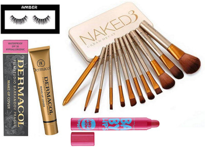 

Amber Eyelashes, Naked 3 urban decay make up brush set of 12, Dermacol make up cover foundation, Maybelline candy lip balm(Set of 4)