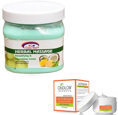 

Pink Root HERBAL MASSAGE CREAM 500GM WITH OXYGLOW LACTO BLEACH 50GM(Set of 2)
