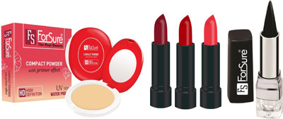 

ForSure Compact Powder with Primer Effect, Kajal and Pack of 3 Forfor Matte Lipstick (Colour - Beige, Mahroon, Red)(Set of 5)