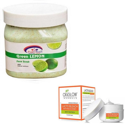 

Pink Root GREEN LEMON SCRUB 500GM WITH OXYGLOW LACTO BLEACH 50GM(Set of 2)