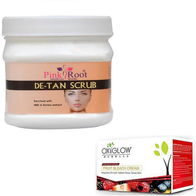 Pink Root DE-TAN SCRUB 500GM WITH OXYGLOW FRUIT BLEACH 50GM(Set of 2)