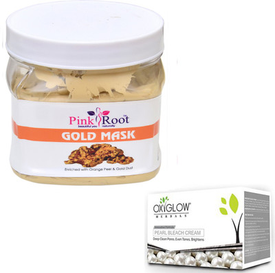 

Pink Root GOLD MASK 500GM WITH OXYGLOW PEARL BLEACH 50GM(Set of 2)