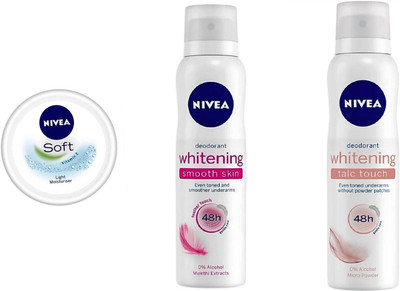 

Nivea Soft light Moisturizer (100 ML) , Whitening Smooth Skin Deo (150 ML) & Whitening Talc Touch Deo (150 ML)(Set of 3)