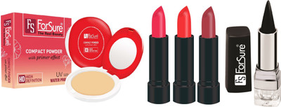 

ForSure Compact Powder with Primer Effect, Kajal and Pack of 3 Forfor Matte Lipstick (Colour - Orange, Copper, Pink)(Set of 5)