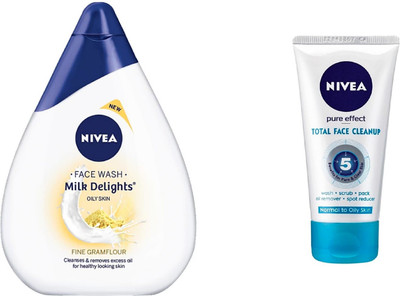 

Nivea Milk Delights Fine Gramflour For Oily Skin Face Wash (100 ml) & Total Face Cleanup (50 ml)(Set of 2)