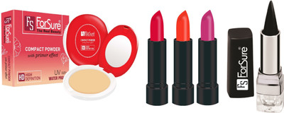 

ForSure Compact Powder with Primer Effect, Kajal and Pack of 3 Forfor Matte Lipstick (Colour - Dark Pink, Orange, Pink)(Set of 5)