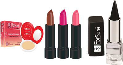 

ForSure Compact Powder with Primer Effect, Kajal and Pack of 3 Forfor Matte Lipstick (Colour - Brown, Pink, Baby Pink)(Set of 5)
