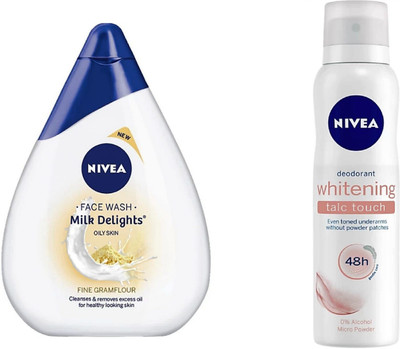 

Nivea Milk Delights Fine Gramflour For Oily Skin Facewash (100 ml) & Whitening Talc Touch Deodorant Spray For Women (150 ml)(Set of 2)