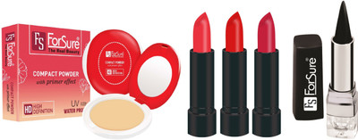 

ForSure Compact Powder with Primer Effect, Kajal and Pack of 3 Forfor Matte Lipstick (Colour - Beige, Baby Red, Red)(Set of 5)
