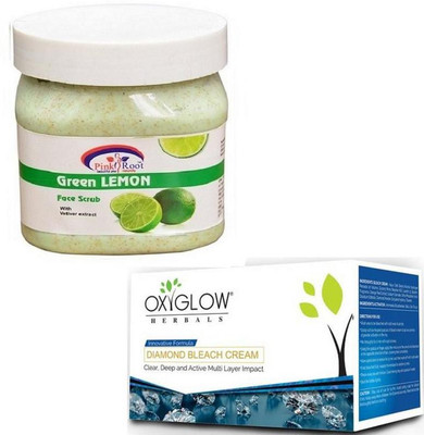 

Pink Root GREEN LEMON SCRUB 500GM WITH OXYGLOW DIAMOND BLEACH 50GM(Set of 2)