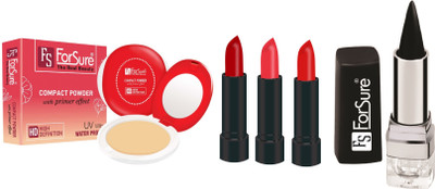 

ForSure Compact Powder with Primer Effect, Kajal and Pack of 3 Forfor Matte Lipstick (Colour - Beige, Red, Red)(Set of 5)