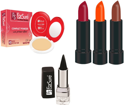 

ForSure Compact Powder with Primer Effect, Kajal and Pack of 3 Forfor Matte Lipstick (Colour - Red, Orange, Brown)(Set of 5)