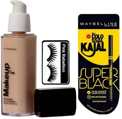 

pink rebellion Eyelashes , Makeup Pro Long Wear Foundation , Super Black Kajal(Set of 3)