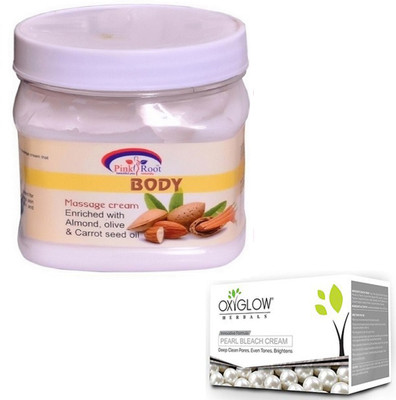 

Pink Root BODY MASSAGE CREAM 500GM WITH OXYGLOW PEARL BLEACH 50GM(Set of 2)