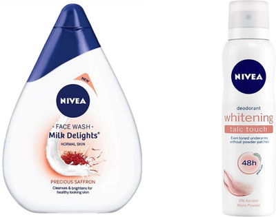 

Nivea Milk Delights Precious Saffron For Normal Skin Facewash (100 ml) & Whitening Talc Touch Deodorant Spray For Women (150 ml)(Set of 2)