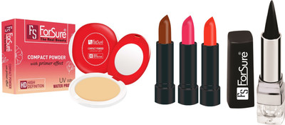 

ForSure Compact Powder with Primer Effect, Kajal and Pack of 3 Forfor Matte Lipstick (Colour - Light Pink, Orange, Chocolate Brown)(Set of 5)