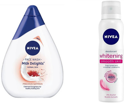 

Nivea Milk Delights Precious Saffron For Normal Skin Facewash (100 ml) & Whitening Smooth Skin Deo (150 ml)(Set of 2)