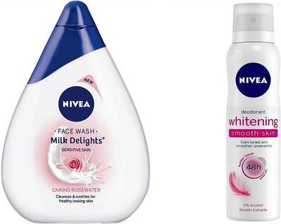 

Nivea Milk Delights Caring Rosewater For Sensitive Skin Facewash (100 ml) & Whitening Smooth Skin Deo (150 ml)(Set of 2)