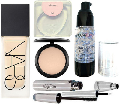 

Ultimate Silicon puff, Nars foundation, Brooke candy eyeliner and mascara, compact, huda beauty pure radiance glowrizer(Set of 6)